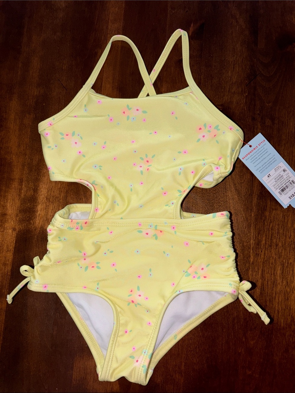 Cat & Jack NWT 4T Yellow Floral Cutout One-Piece Swimsuit Girls